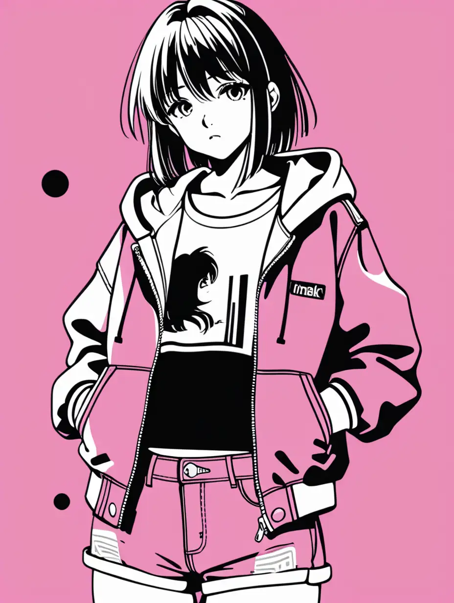 anime girl in jacket posterize halftone pink black white 3 color minimal design short shirt midriff