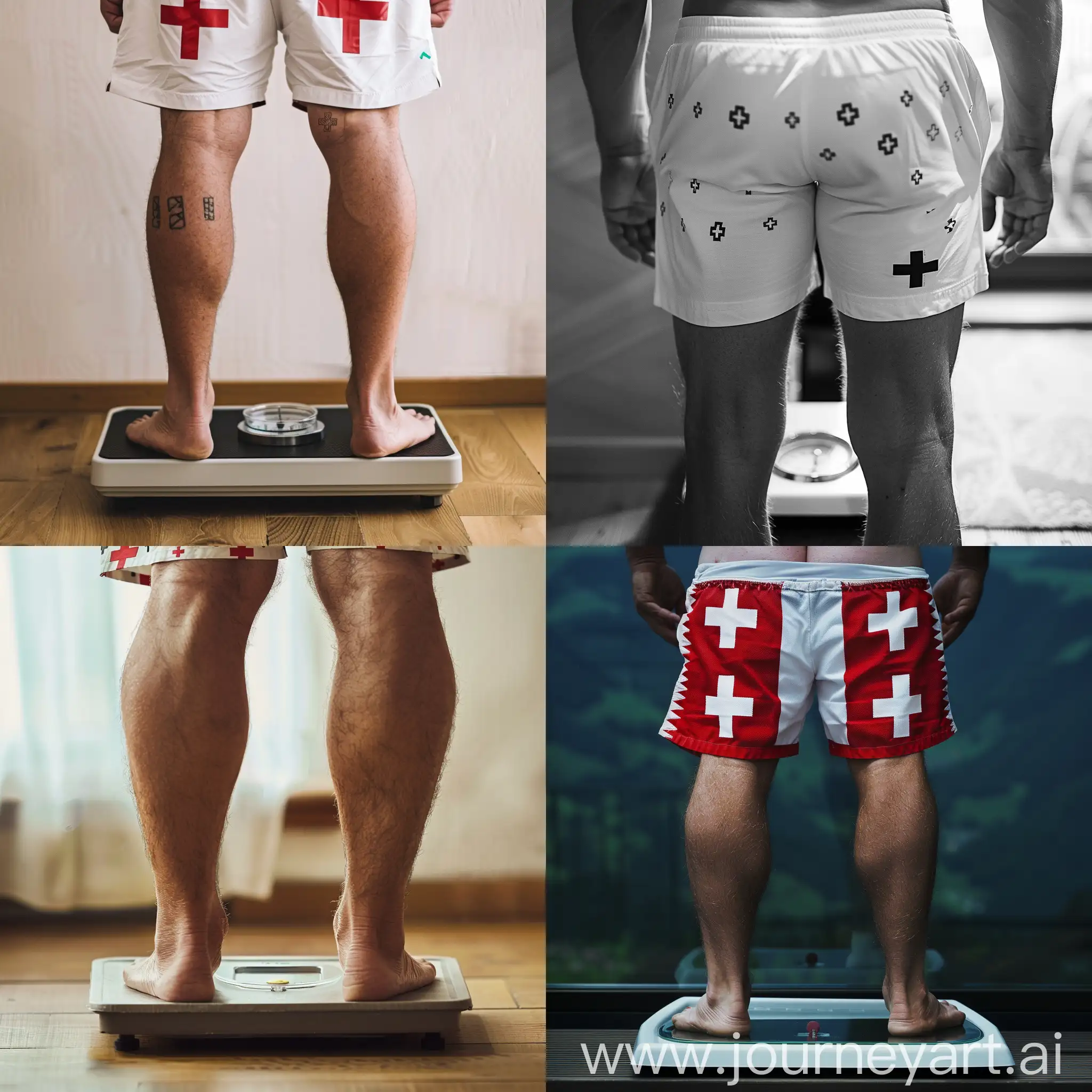Man-Checking-Weight-on-Scale-in-Shorts-with-Swiss-Cross-Design