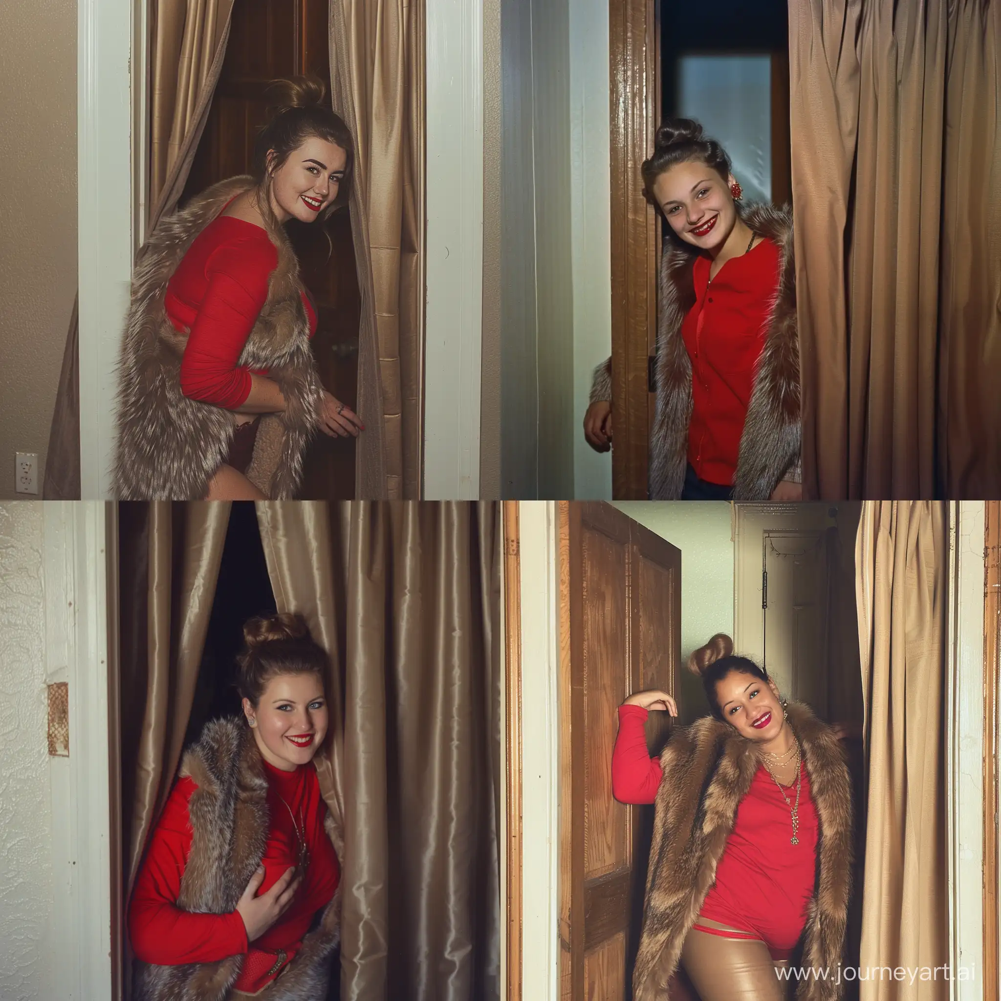 A woman wearing a red shirt and a fur coat is leaning against a doorway, posing for the camera. She has her hair in a bun and is smiling brightly. The doorway is covered with a curtain that hangs down to the floor.