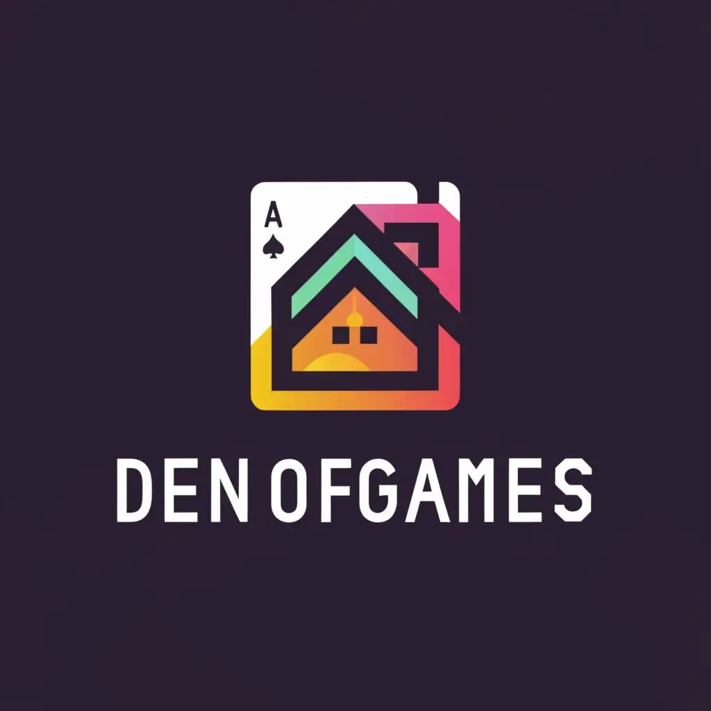 a logo design,with the text "denofgames", main symbol:cards and house,Moderate,clear background