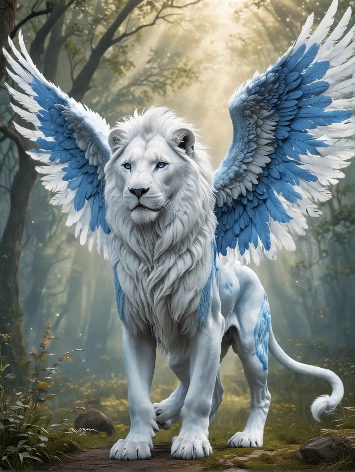 Majestic Winged BlueWhite Lion in Fantasy Realm