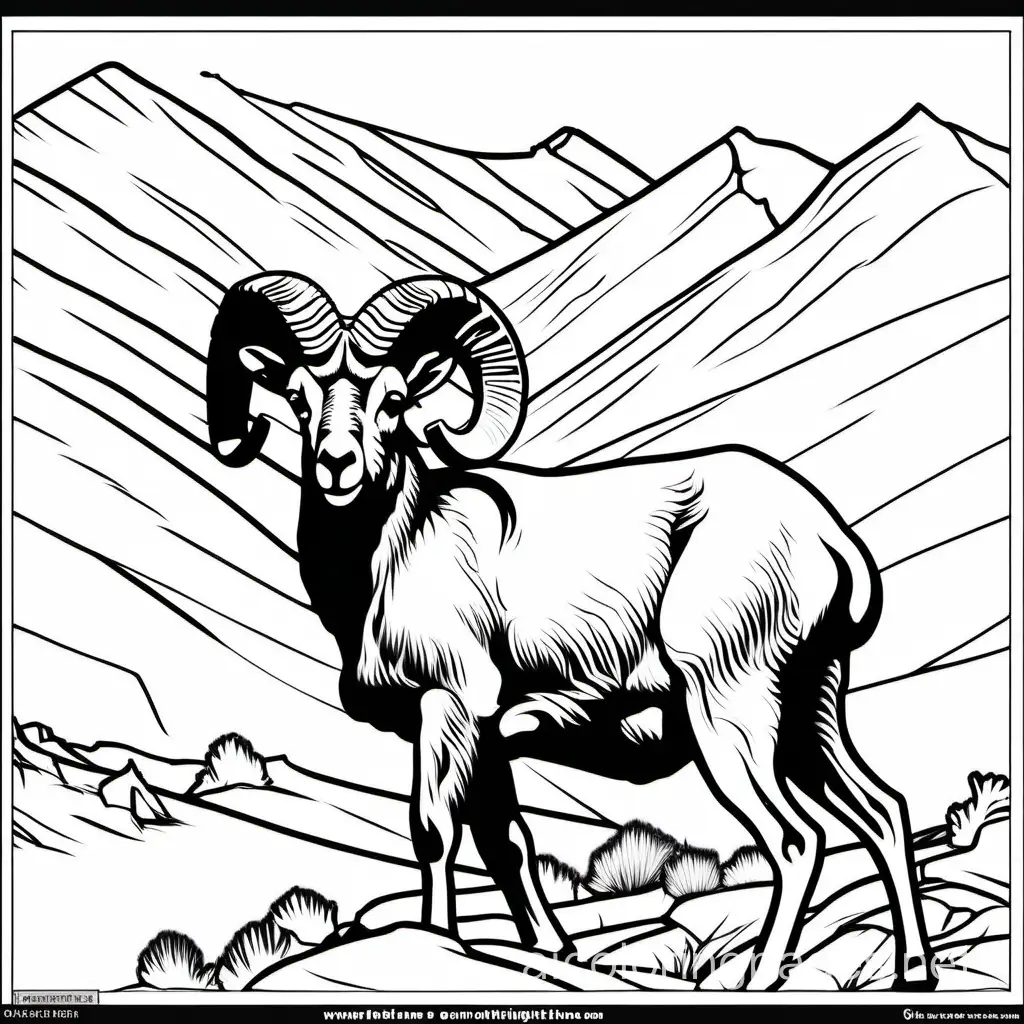 Rocky Mountain bighorn sheep, Coloring Page, black and white, line art, white background, Simplicity, Ample White Space. The background of the coloring page is plain white to make it easy for young children to color within the lines. The outlines of all the subjects are easy to distinguish, making it simple for kids to color without too much difficulty