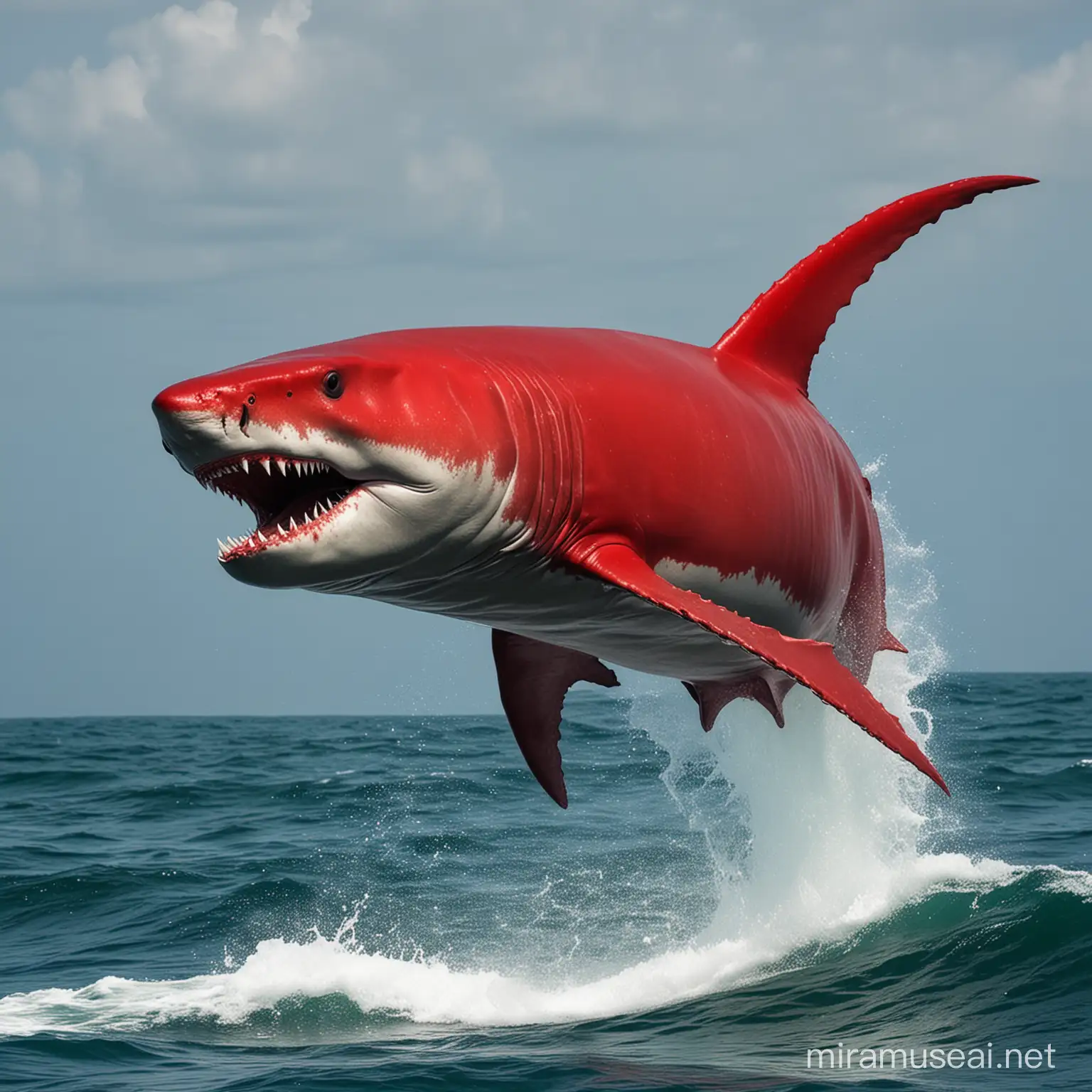 Thrilling Red Megalodon Leaping from Ocean Depths