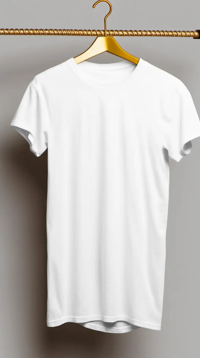 Blank White mens golden t-shirt mockup, have shirt handing on a hanger, have the shirt look bulky, have a studio off white background