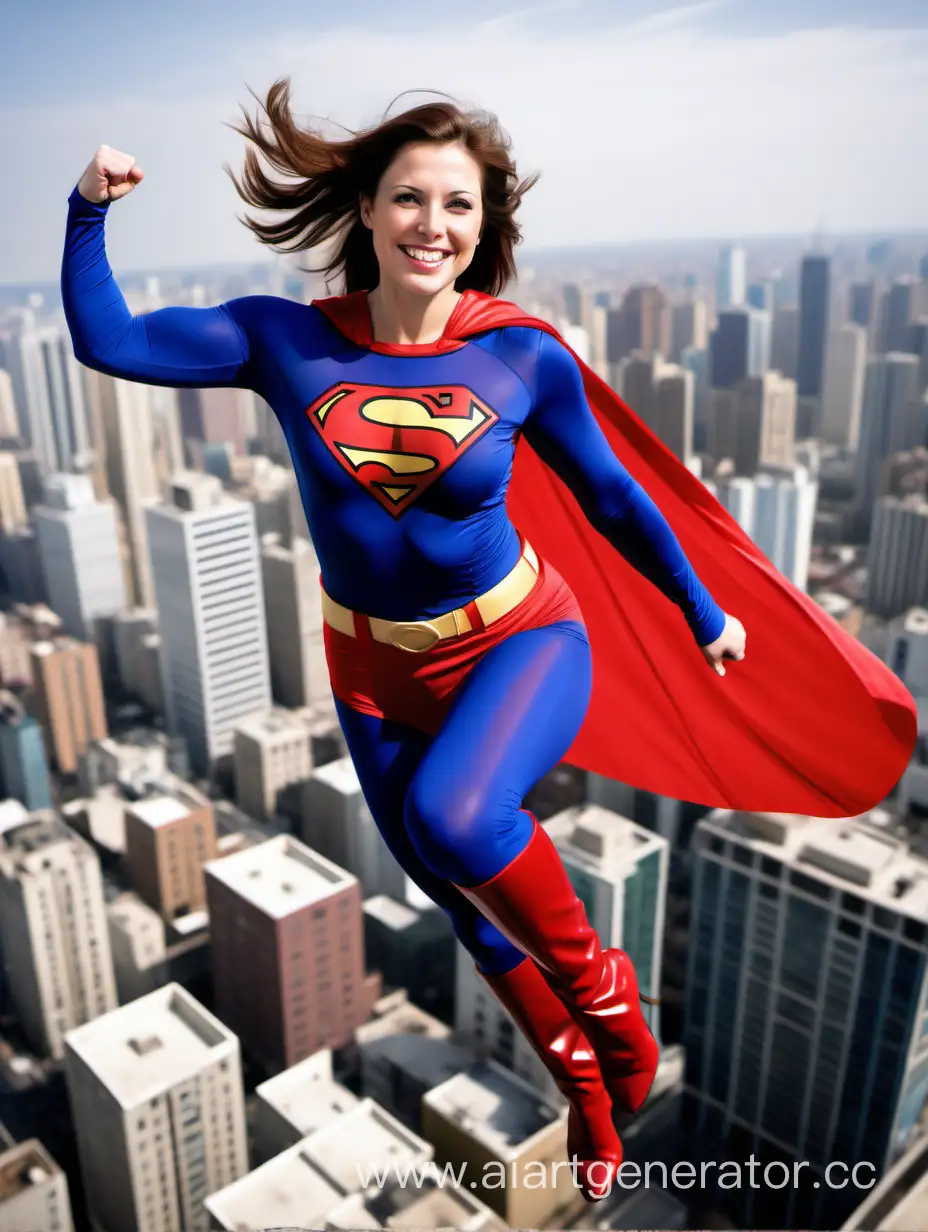 A pretty woman with brown hair, age 30. She is happy and confident. ((Very Muscular)). She is wearing a Superman costume with blue leggings, long sleeves, red briefs, red boots, and a long flowing cape. She is flying like a superhero, high above a city.