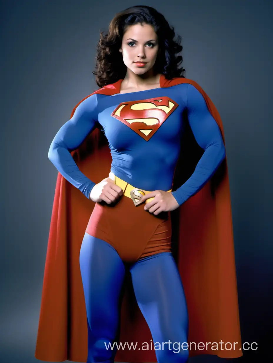 A pretty woman, African, brown hair, age 20, ((extremely muscular)), huge arm muscles, huge leg muscles, huge chest muscles, huge abdominal muscles, huge breasts, superhero, ((powerful)), heroic, mighty, massive.
Superman costume, matte spandex, (blue leggings), red briefs, a long cape. Superman The Movie. 
Photo studio.