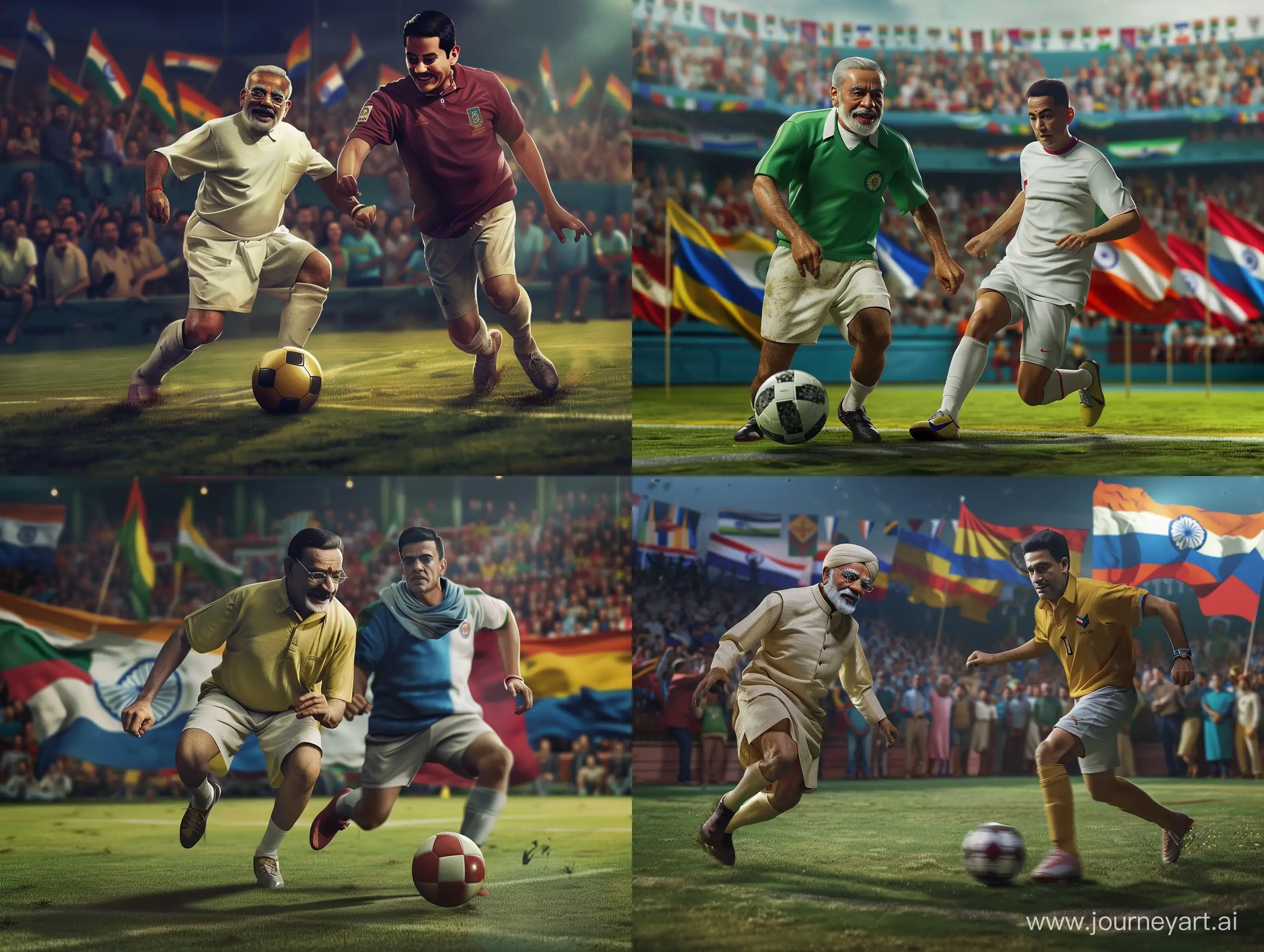 Gandhi playing football, Nicolas Maduro dribbling, on the football field, the whole body, Background of enthusiastic spectators with flags of India and Venezuela, At night, realistic, sport lighting, q2