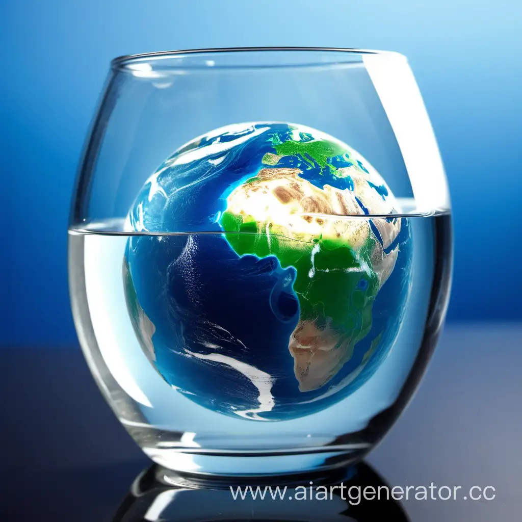 Планета земля на фоне большого стакана воды