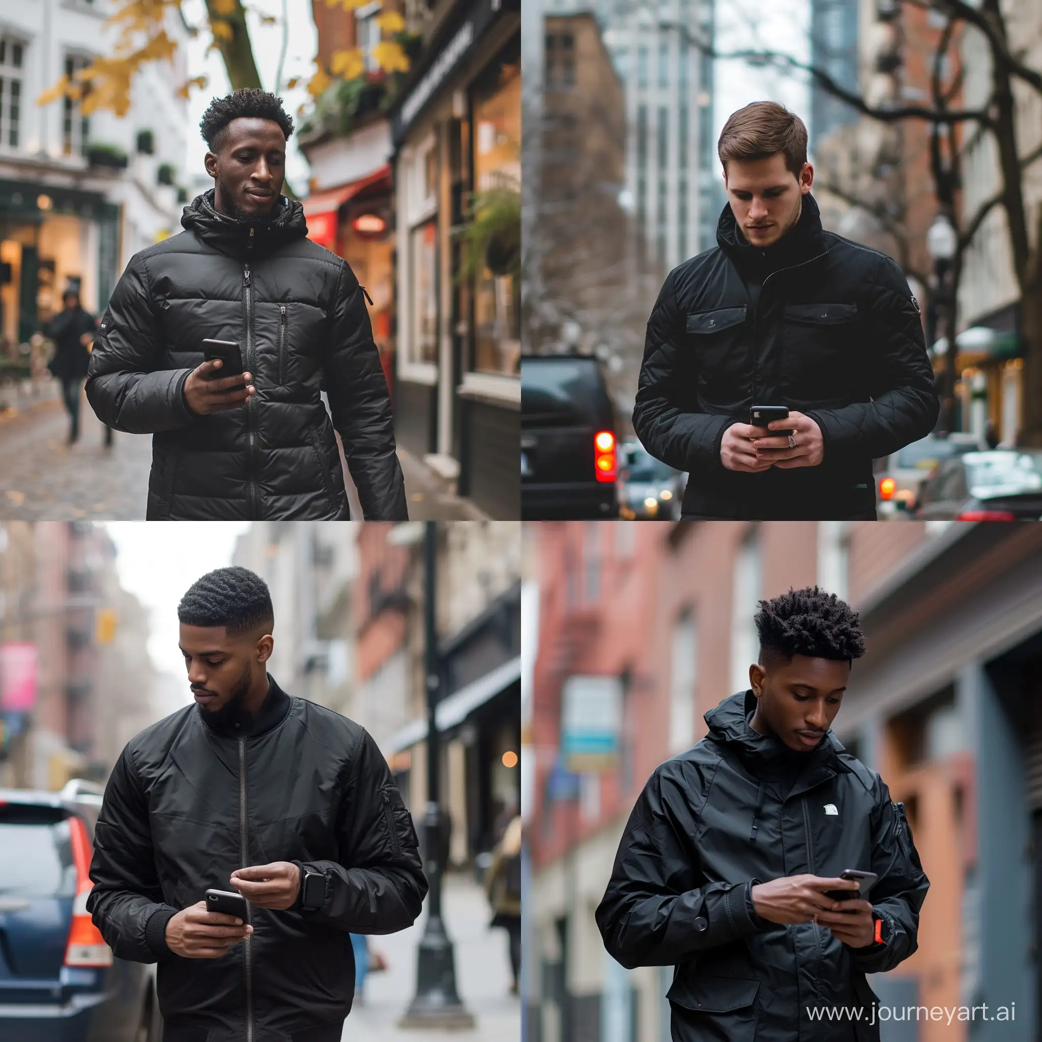 Man in black jacket, walk in the street, watch in phone