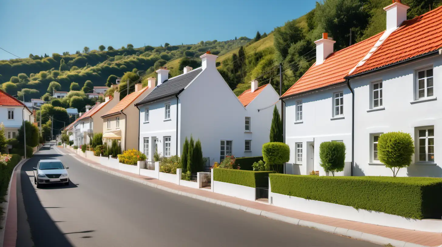 Quaint Suburb with White Cottage Houses and Sunny Afternoon