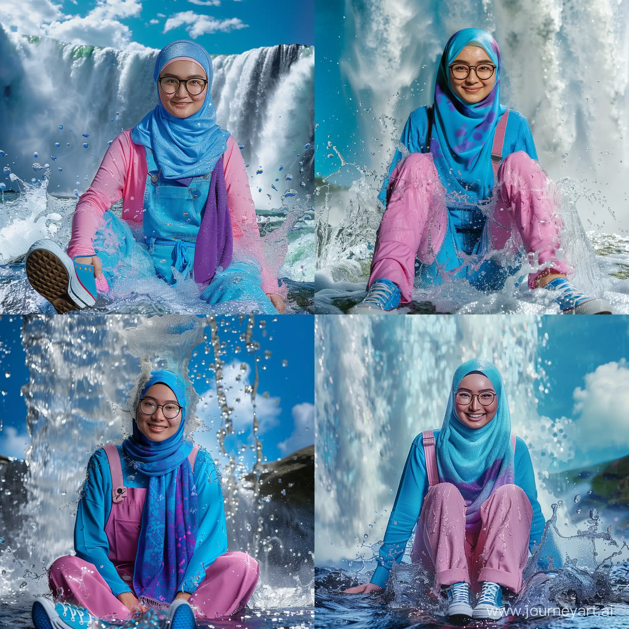 Asian-Woman-Smiling-Under-Waterfall-in-Blue-and-Purple-Hijab