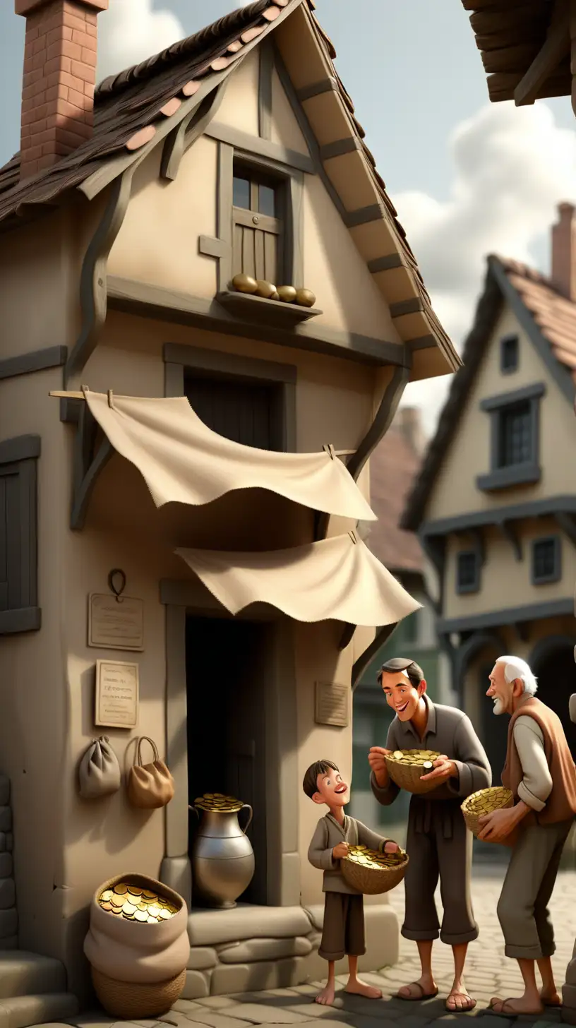 A quaint village scene with a traditional house and a young man receiving a bag of coins from an older man, symbolizing the father giving his son the inheritance