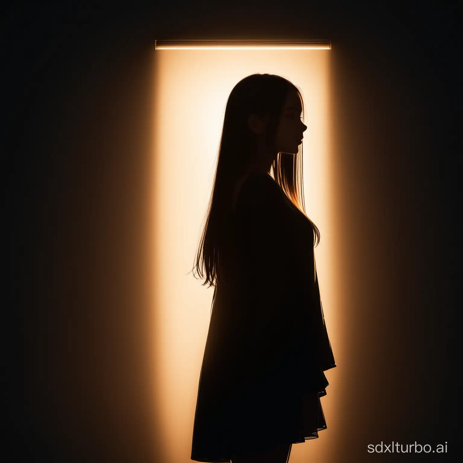 The girl with long hair standing in the backlight