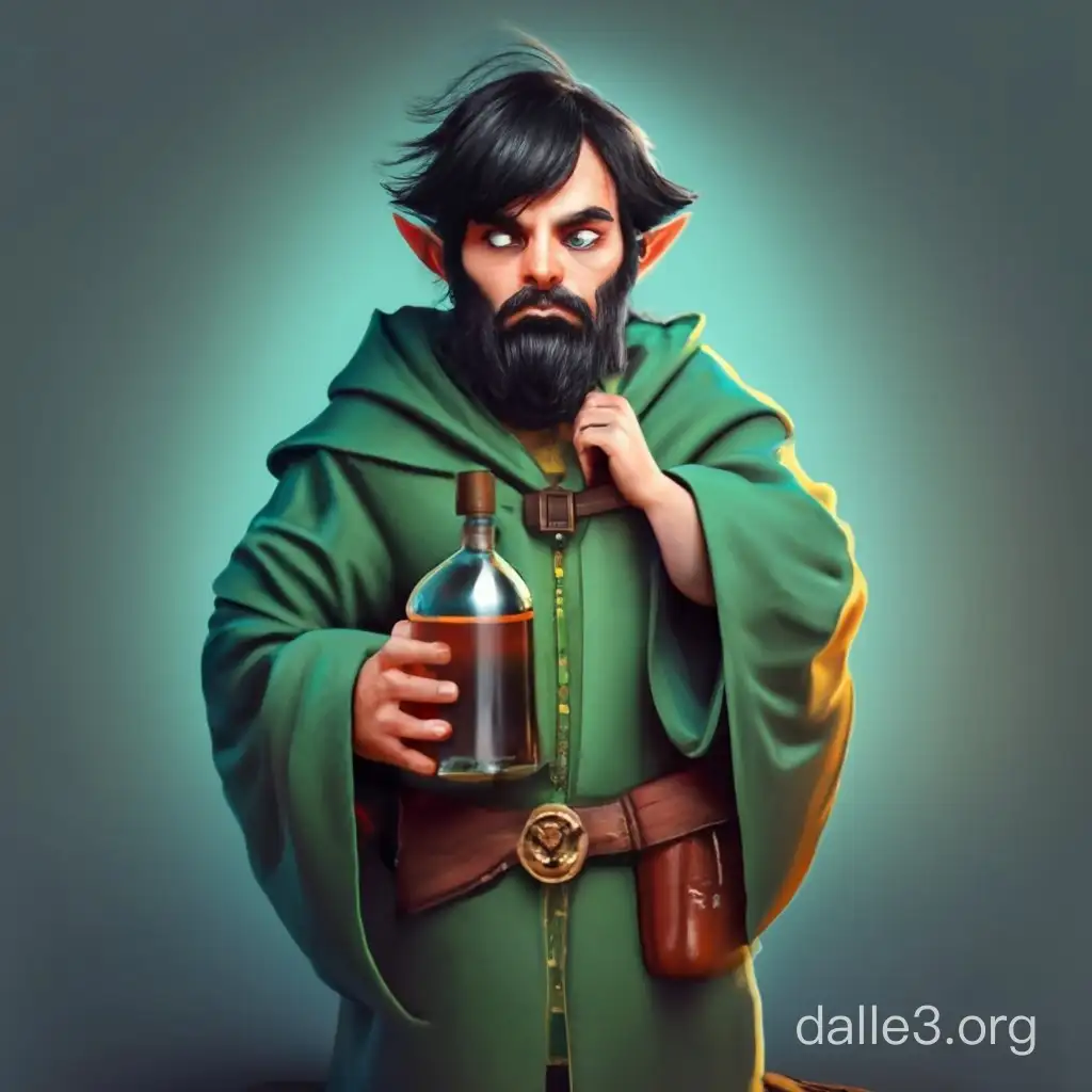 draw a brutal halfling black hair in a green robe with a flask
