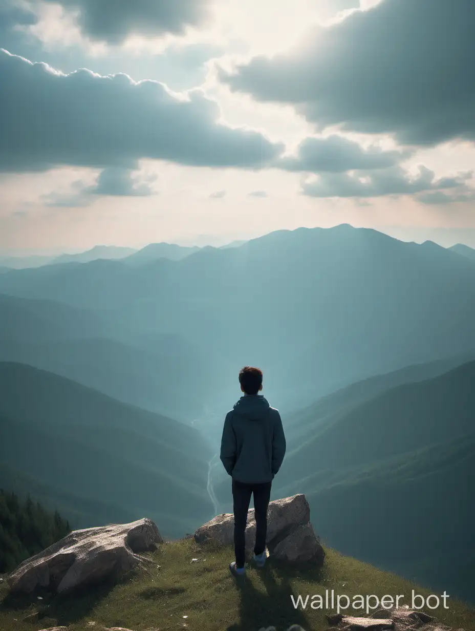 On the picturesque mountain, there is a person gazing into the distance