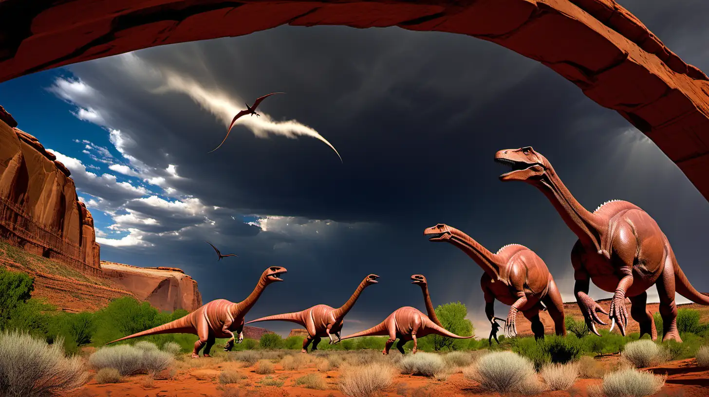 brontosaurus dinosaurs  browsing in field, pterodactyls flying overhead, red rock landscape, Corona Arch near Moab, UT, dramatic sky