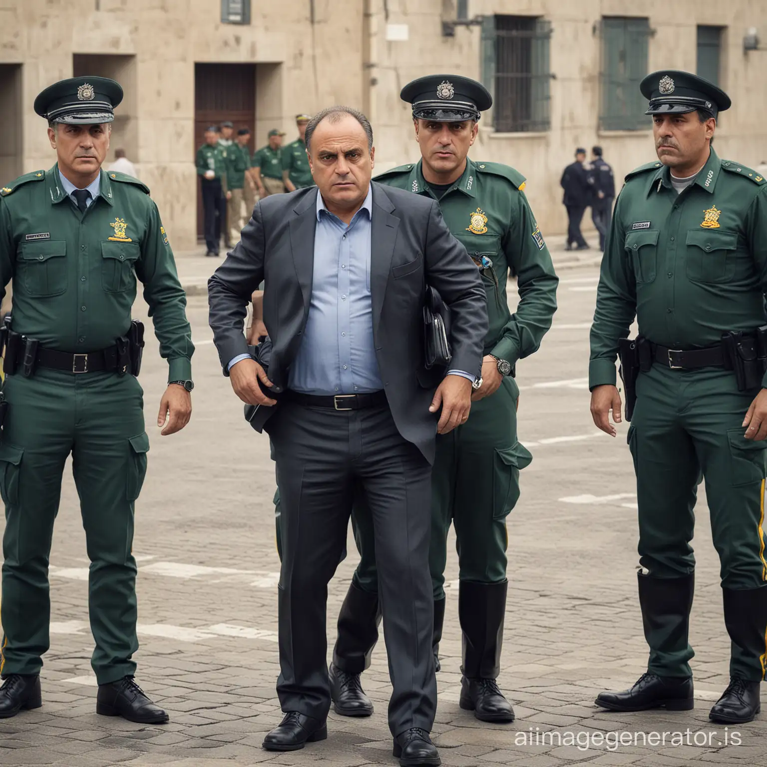 Hyperrealistic image of the leader of the Spanish soccer league, Javier Tebas Medrano, being arrested by the Spanish Guardia Civil