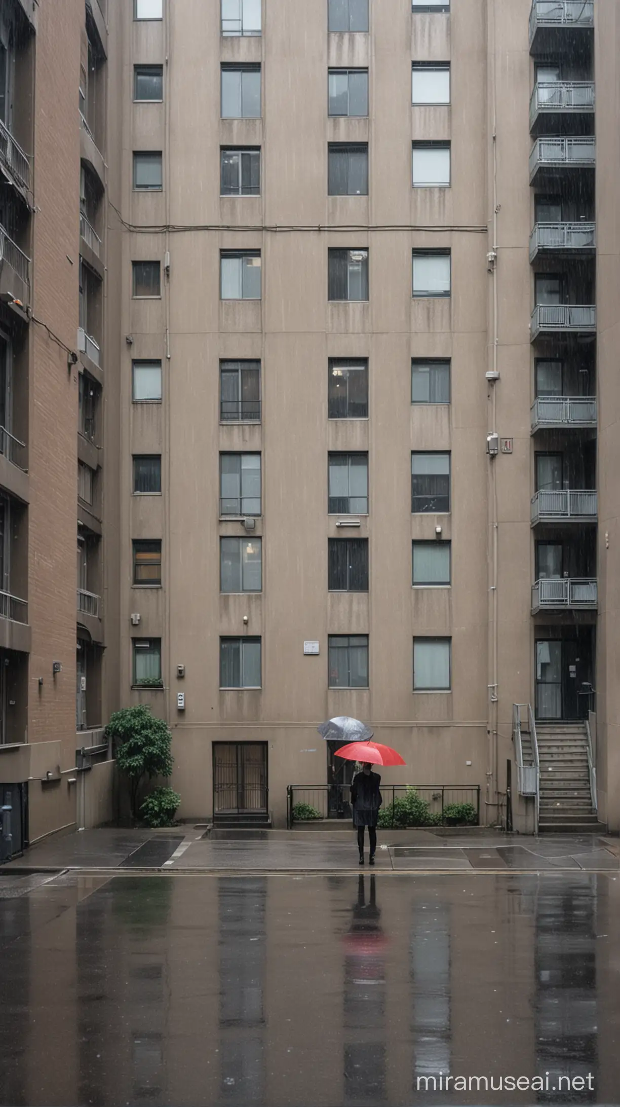 Scene of Gogo standing outside the building on a rainy day: Gogo is seen standing outside the building with an umbrella on a rainy day, looking up at the apartment building and contemplating whether to take the elevator or not.
