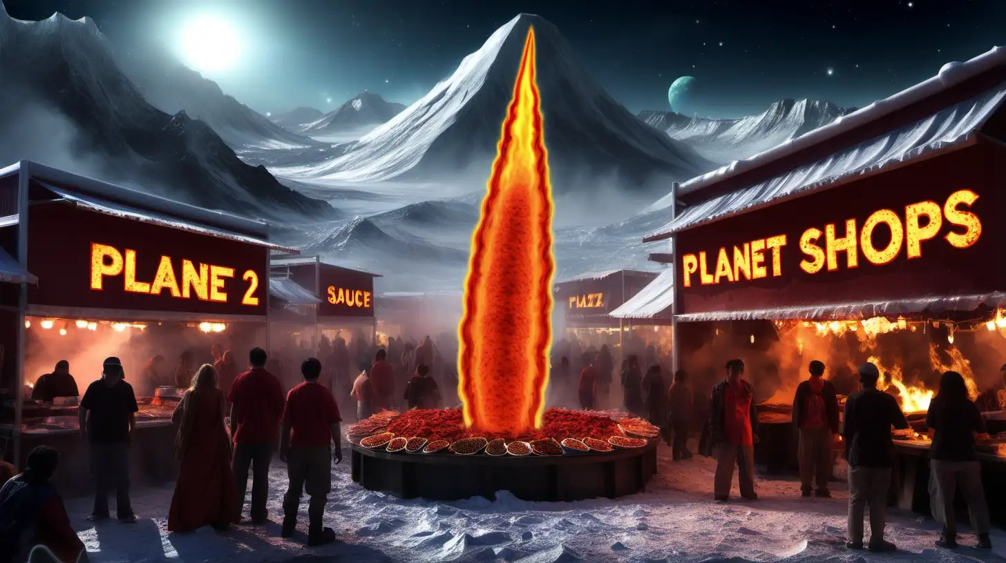 Planet 2 an icey planet where fire flies through the air: Mirthful Magma Madness
Destination 3: Blaze Bash Bazaar
Facilities: Fireproof market stalls, hot coal-walking workshops, flame-grilled food courts.
Activities: Fire-spinning comedy shows, chili pepper eating contests, fire dancer meet-and-greets.
Local Attractions: Unique flame-colored souvenirs and hot sauce shops.
Customs: The Spicy Joke Fair, where locals share their spiciest jokes and challenge visitors to do the same.

