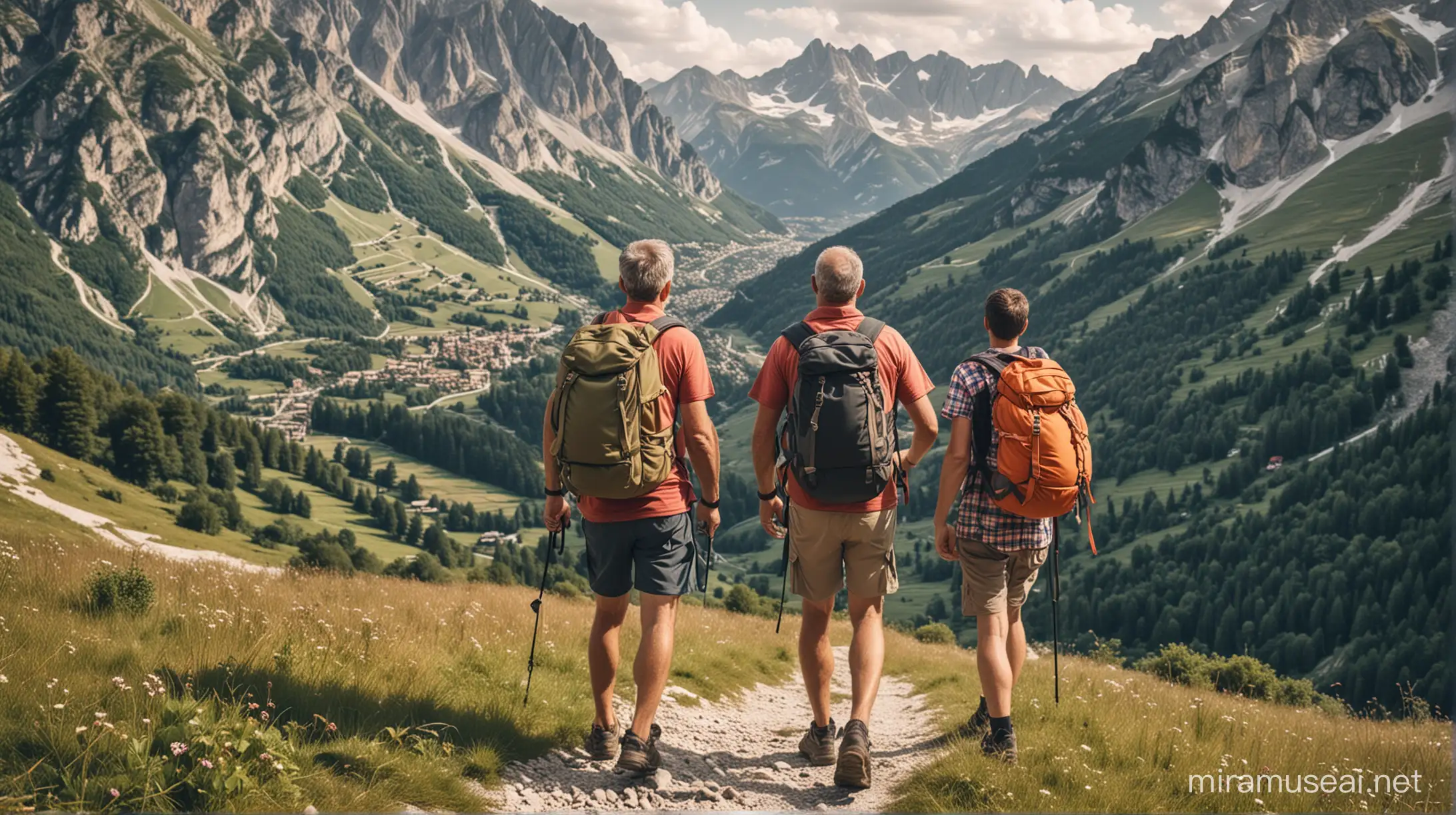 three kids in their 20s and their dad in their 60s, hiking for days through the italian alps, carrying big bag-packs and wearing funny clothes