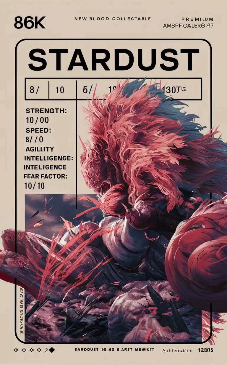 plain border add bold text""New Blood Collectable"" complex "StarDust" card include name "StarDust" anime card include stats"Strength: 10/10""Speed: 6/10""Agility: 5/10""Intelligence: 5/10""Fear Factor: 10/10" premium 14PT card stock authenticated breathtaking 8k 16k visuals --chaos 90 --testpfx REWORKS 5 0. 1 7 0. 1 MMOPG network; 9 0 s stock; trending on artgerm; hyperrealism