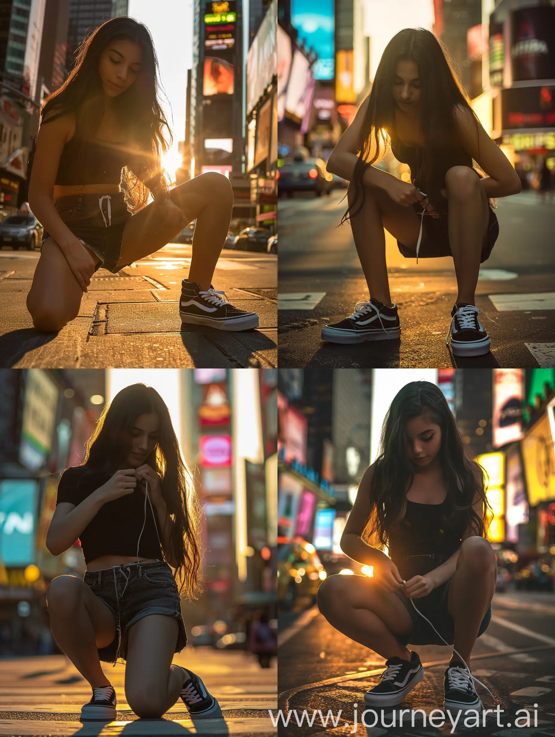 Stylish-Sunset-Stroll-DarkHaired-Girl-Lacing-Vans-Sneakers-at-Times-Square