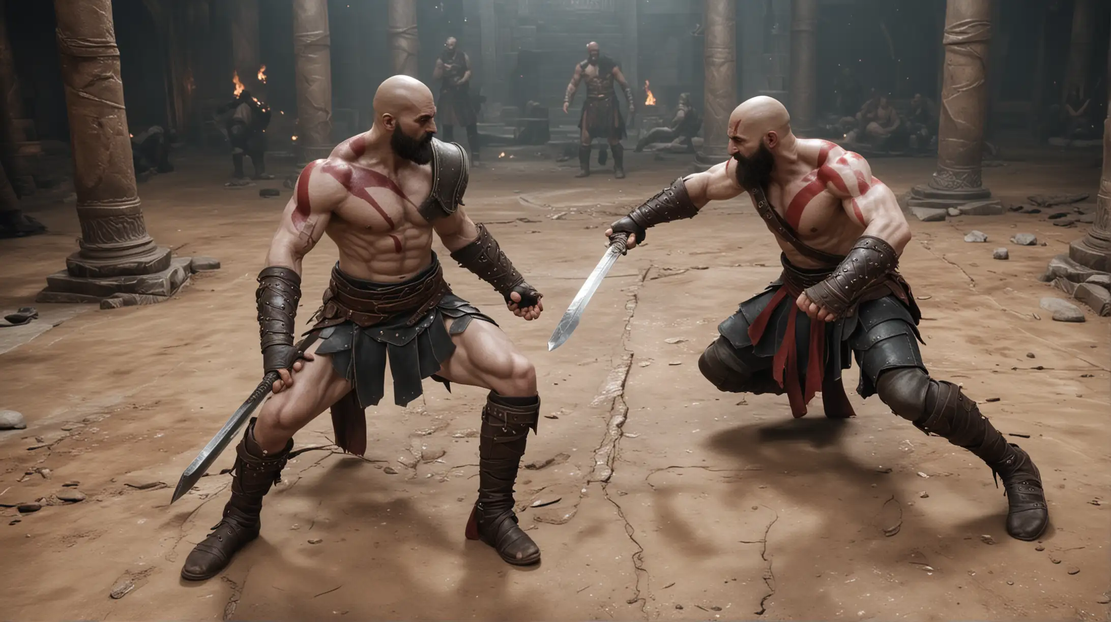 Kratos fights Gladiators , show a Mistress in black skirt with slave handsome guy on the floor.