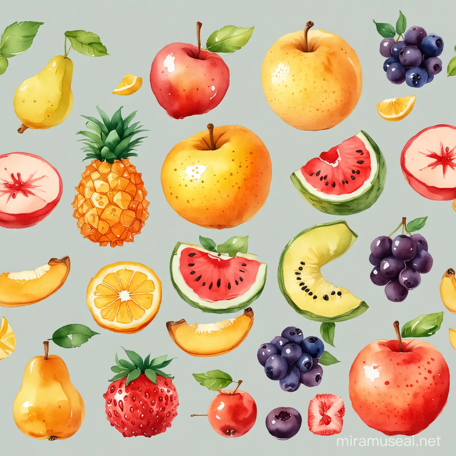 fruit, cartoon, colourful, transparent background, watercolour, clean, 

