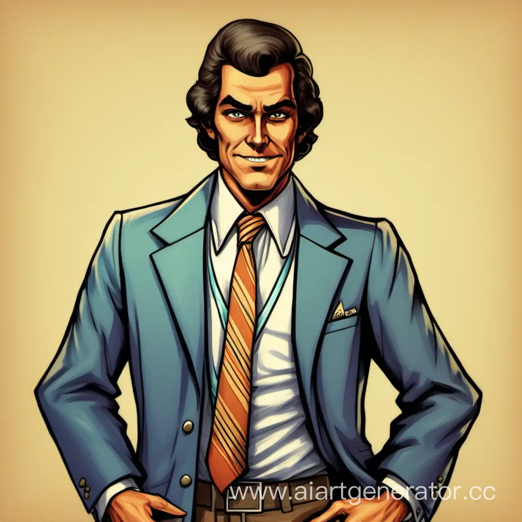 2d game art, american midwest, 1970s, sharp dressed salesman, colored