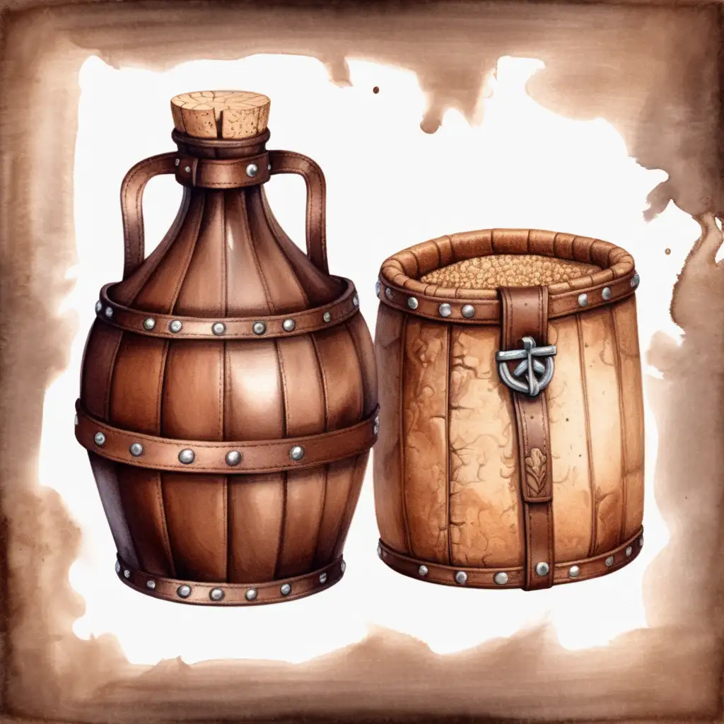 Medieval Leather Water Container with Cork Stopper Dark Watercolor Drawing