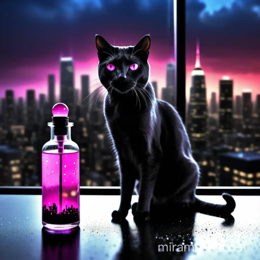 please create an image for me.following this instructions:
Be crative and esthetic.
create a downtown background by night, skyscrapers with colored lights in the windows. it
is raining.
the focus is on a table, on the table is the main object: a elegant vial, colors black and
pink
next to the vial is a elegant cat sitting.Büro mit integriertem Ökosystem