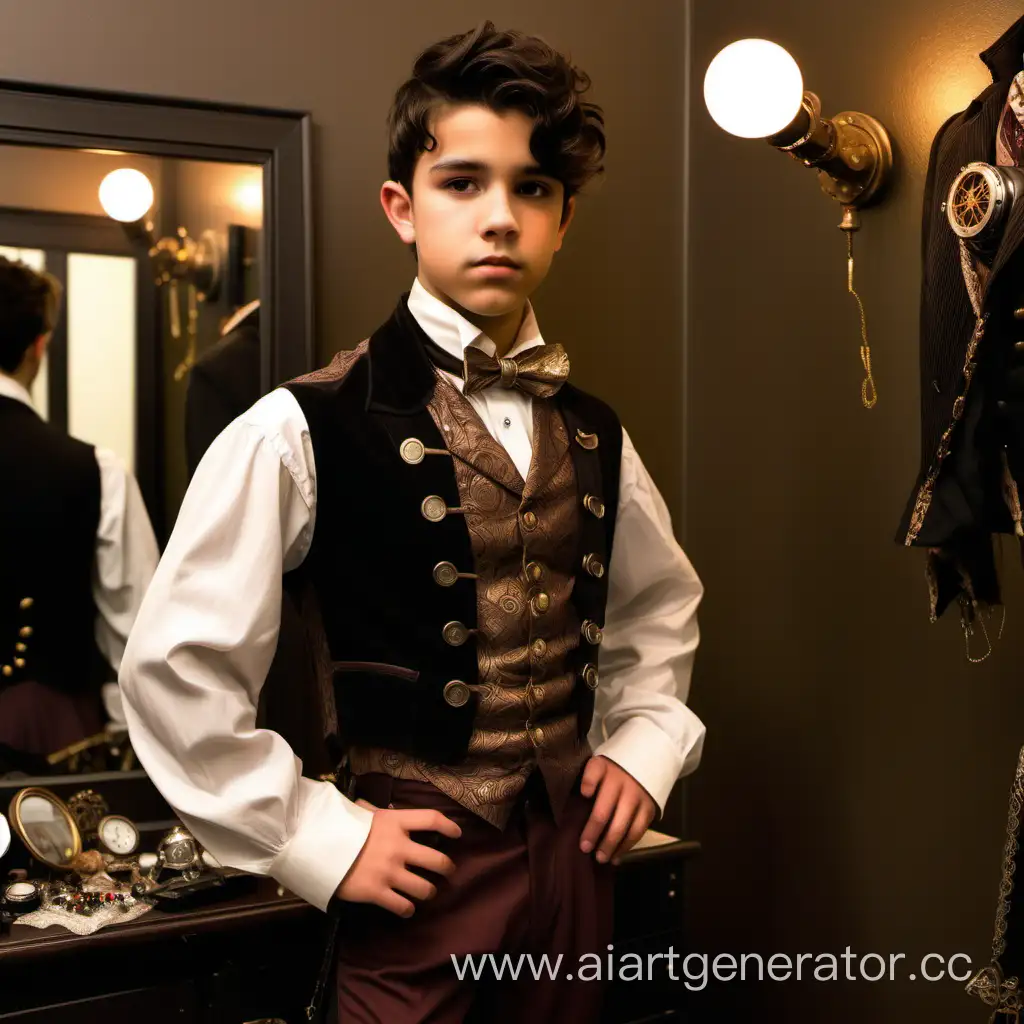 Create a picture of this scene: 
Landon stands in his dressing room getting ready for a ball.

Landon - a 19-year-old man, with a distinguished feel, dressed in steampunk style princely clothes. hispanic boy with short  dark hair and piercing eyes
