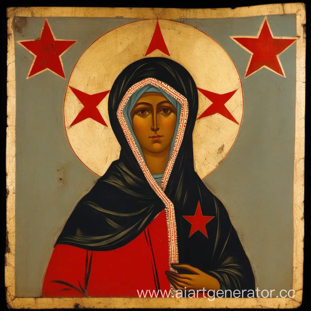 Russian-Woman-in-Scarf-with-Red-Star-Ancient-Iconic-Imagery