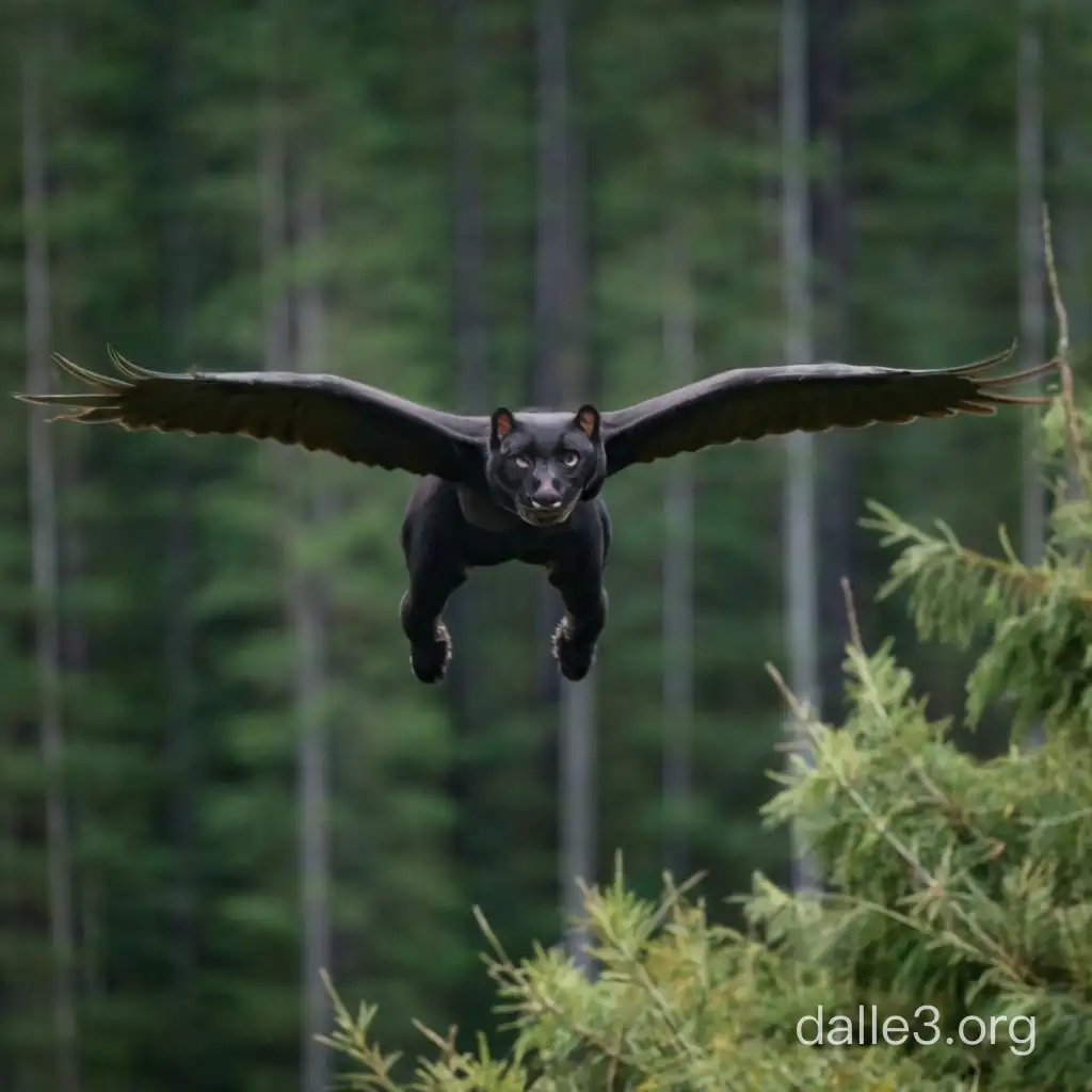 Ein schwarzer, geflügelter Panther fliegt über einen dunkelgrünen Nadelwald.  