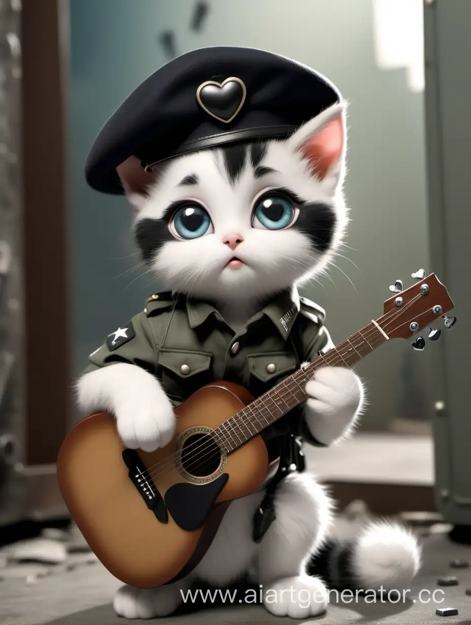 котенок  белый мальчик с черным сердечком на щеках ,с большими глазами с гитарой в лапах  в свитере , в берете армия