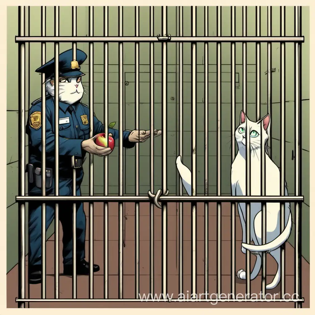 Prison-Guard-Giving-Apple-to-Cat-Behind-Bars