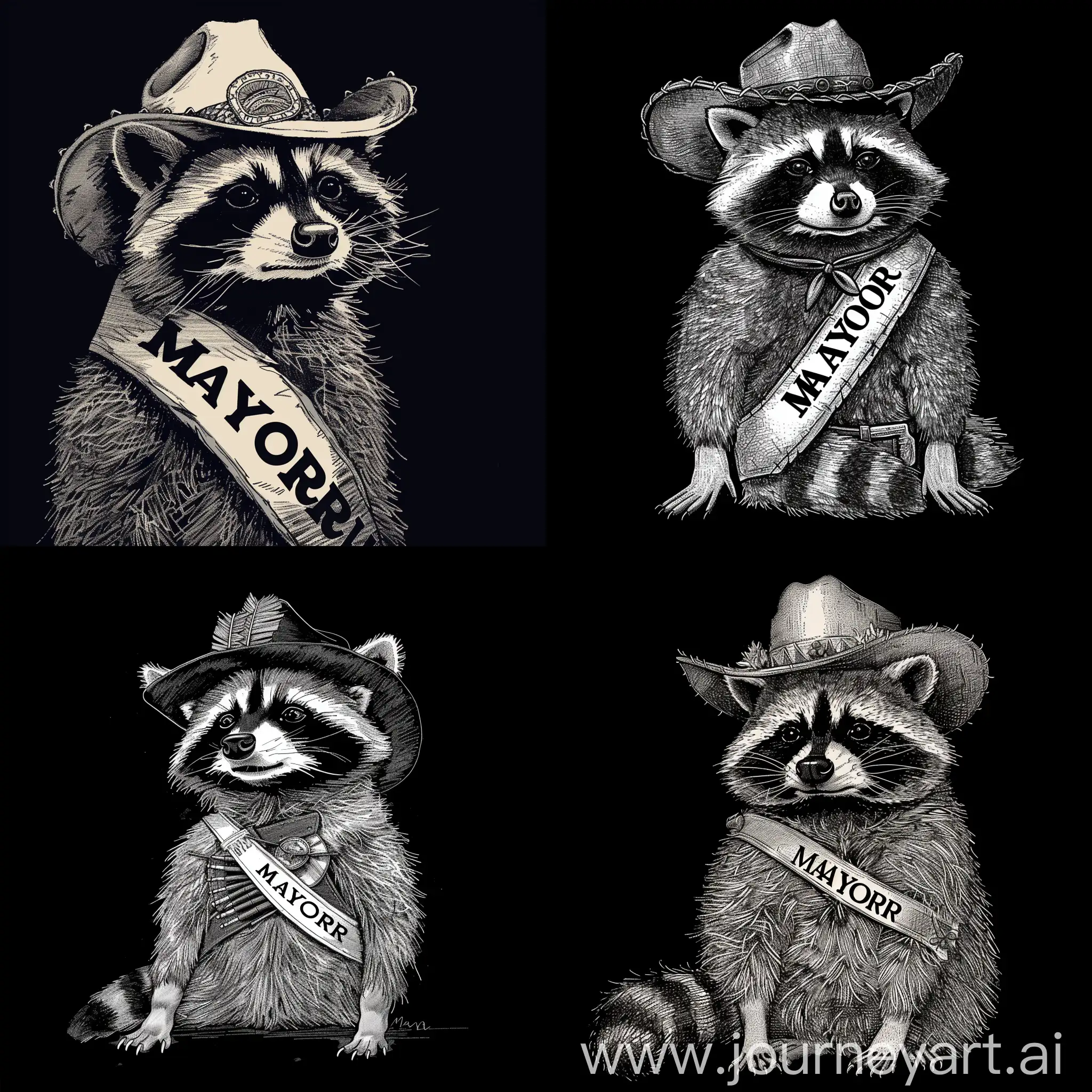A dignified raccoon character wearing a western-style hat and a sash that says "MAYOR", with an innocent expression, posing for a promo poster. The raccoon should be cartoonish, anthropomorphic, and the drawing should have a amateur style. It should be an isolated hand-drawn sketch on a stark black background.