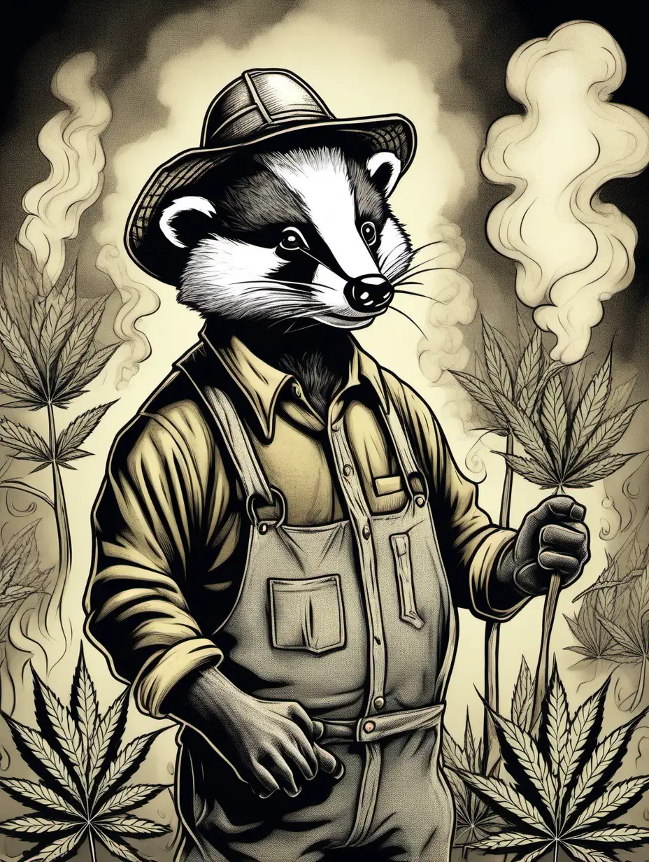 a drawing of a badger dressed like a farmer in front of fire and smoke in a cannabis cultivation.