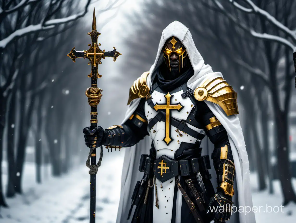 киберпанк чернокожий  воин крестоносец, одежда белая с золотистым крестом в руке длинный посах  пророка
фон зима снег идёт