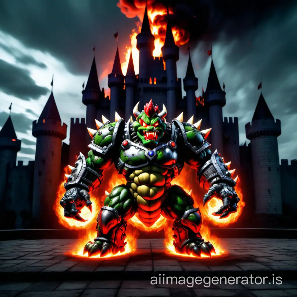 cyborg Bowser moat of fire in front of castle glowing red eyes