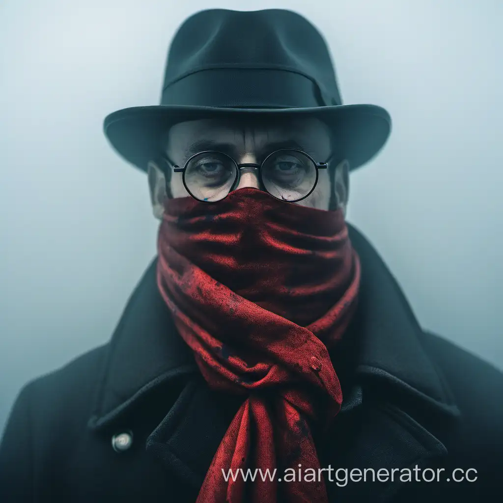 Мужчина в пальто, в шляпе, в очках, в кровавом платке, прикрывающим рот, в тумане