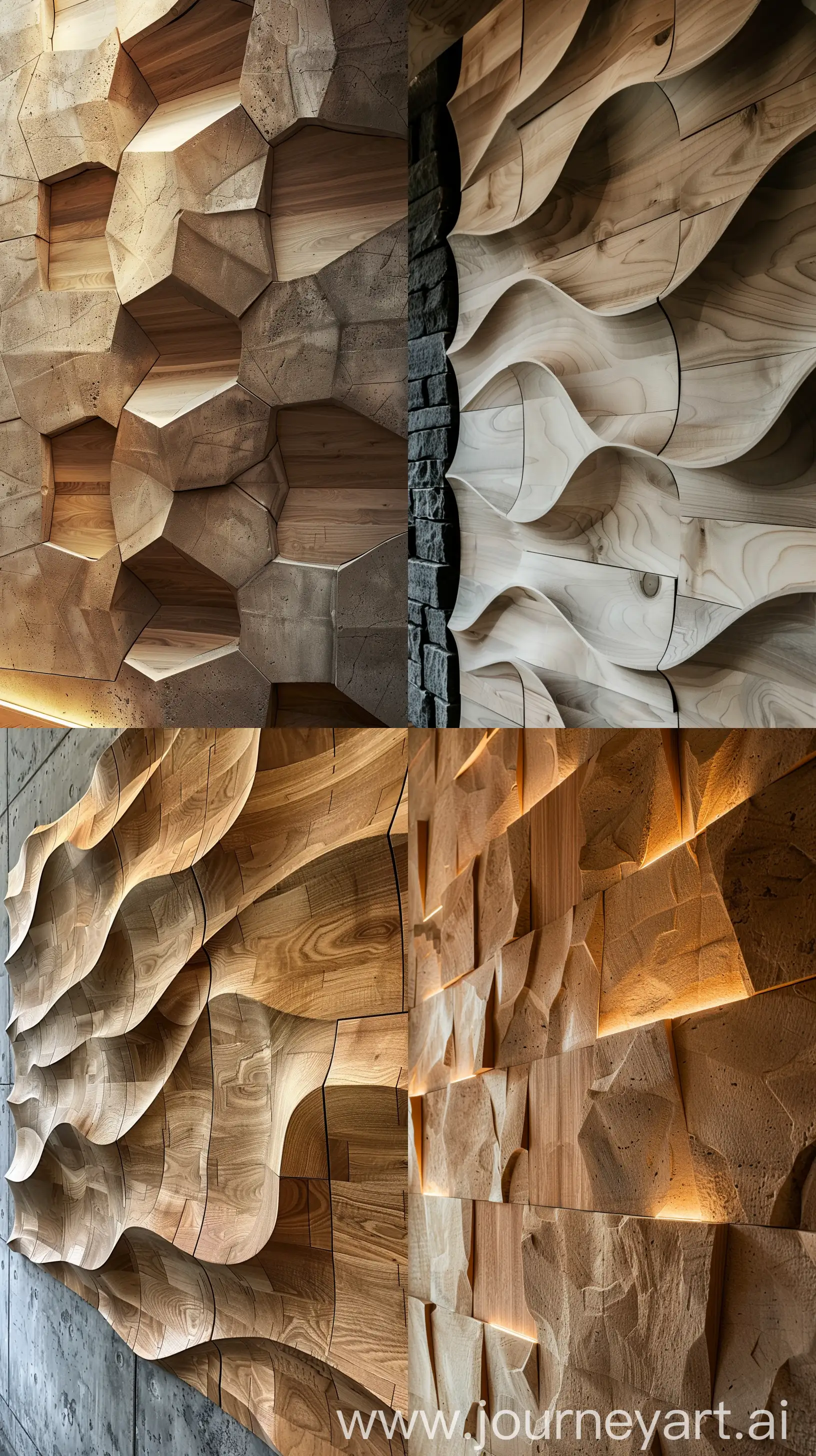 Photo of the wall of the science and technology center area designed with computational architecture, modern, wood, stone; top view horizontal close-up image in the restaurant --ar 9:16 --v 6.0
