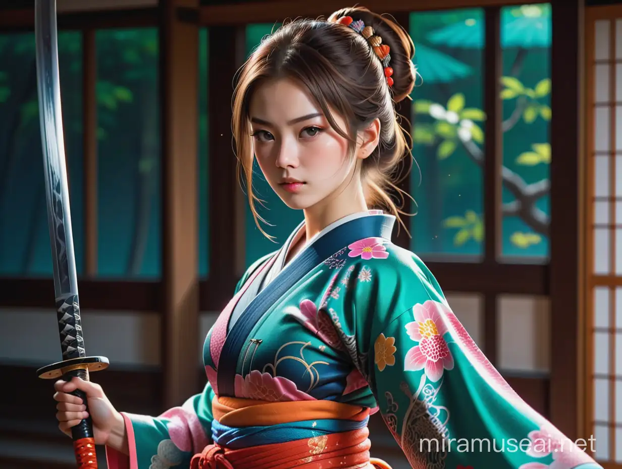 A beautiful girl samurai with an intricate design and a katana with an ornate hilt and a slightly curved blade.Unique and colorful kimono pattern. the dynamic motion of the figure, especially the following movement of the clothing and the wielded sword, suggests a sense of the action and energy. hyperrealistic. UHD EXTREME.