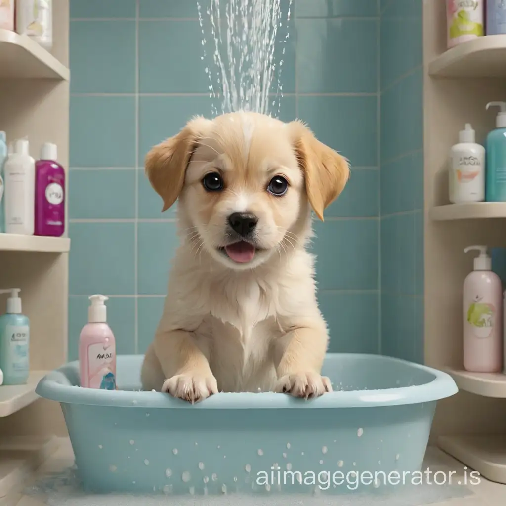 The puppy is taking a shower and there are tubes of Avon gels on the shelves