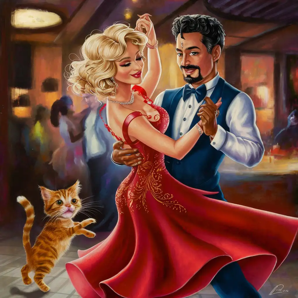 painting in style of jack vettriano, romantic blonde lady, red dress, Indian fat handsome man with short curly black hair, goatee, 60's, chique club, dancing, orange cat with 3 legs on foreground