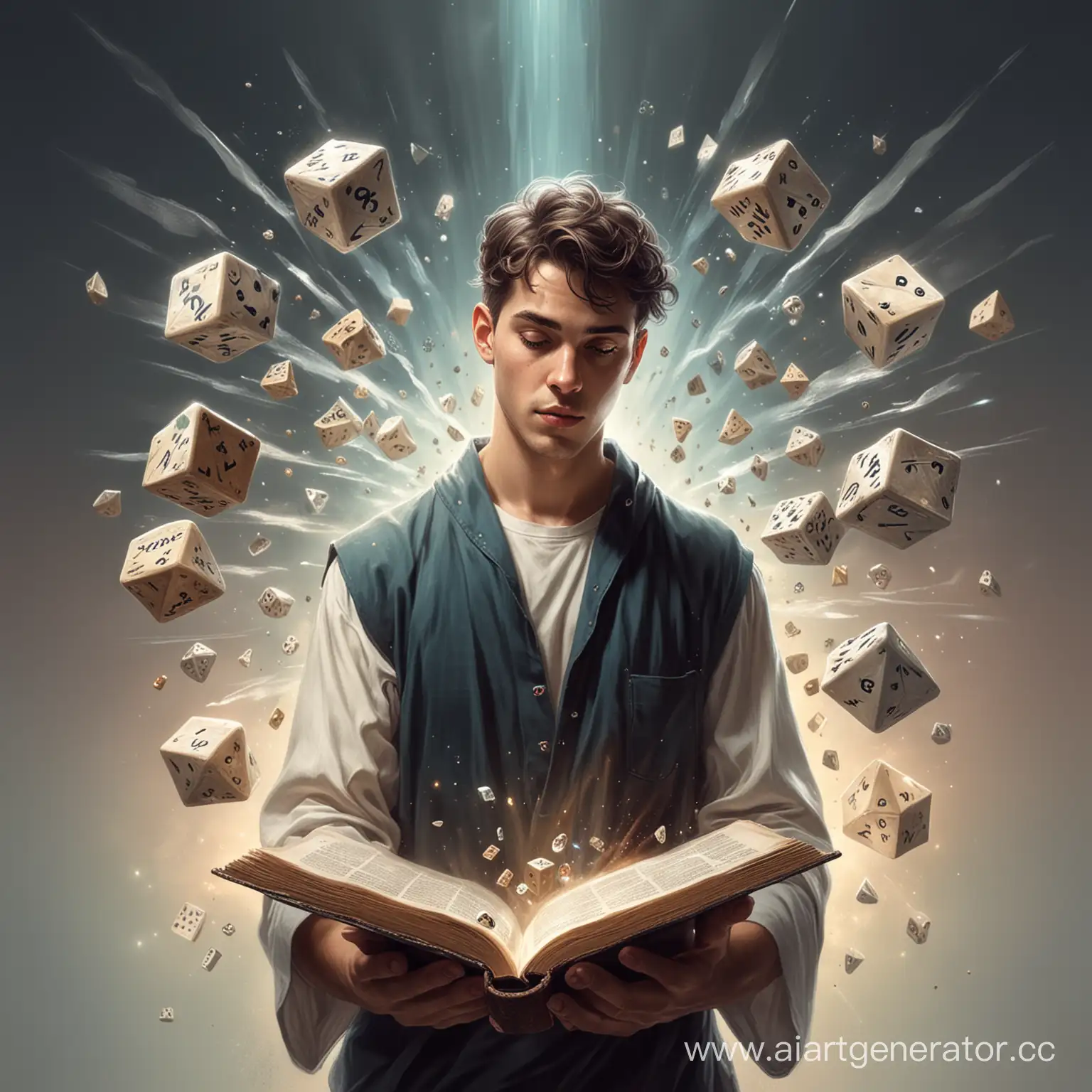 Молодой мужчина бог,  игральные многогранных кубики летают вокруг, в руках книга