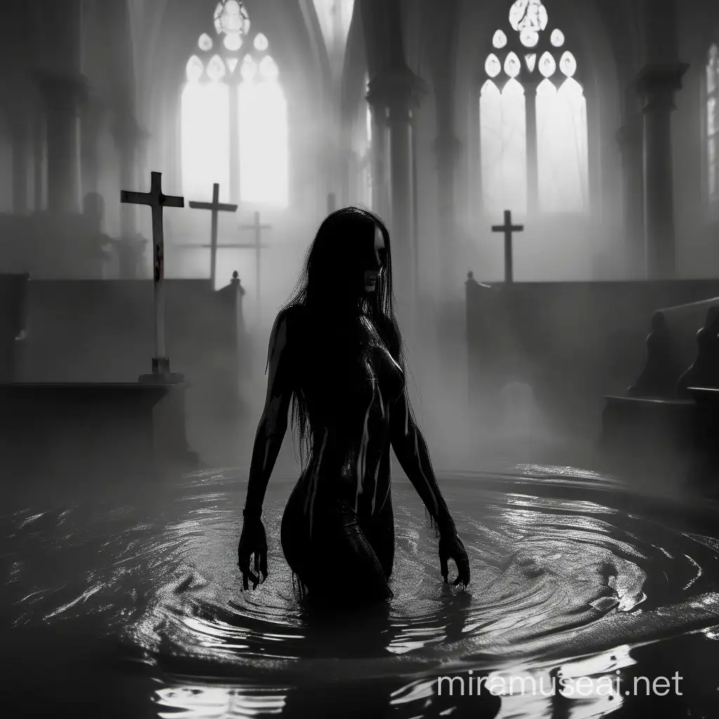 Gothic Church Bath Mysterious Black and White Scene with Blood and Steam