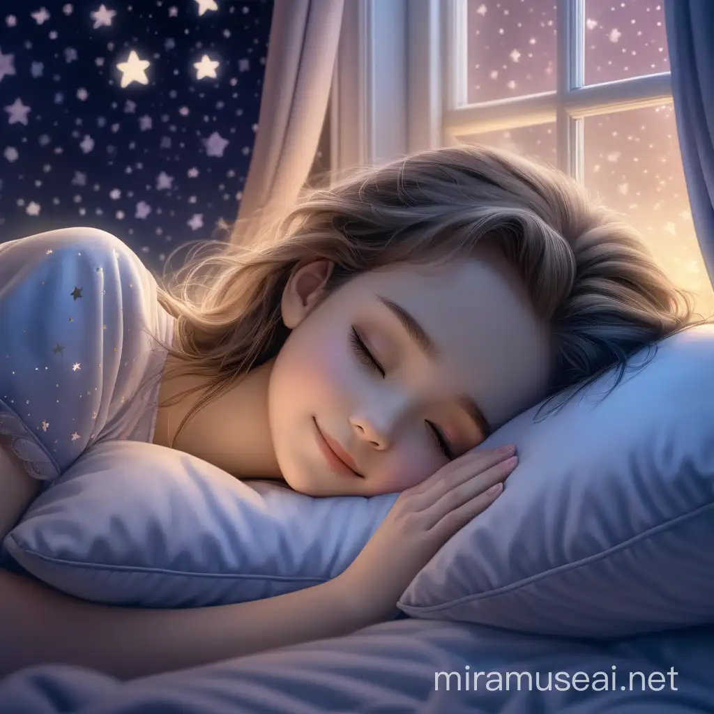 Прекрасная девушка спит на нежнейшей подушке. Шелковая постель красивая и белая. Девушка улыбается во сне, ей снится хороший сон. В окно видно звезды. За окном цветет куст.В комнате сумерки. 