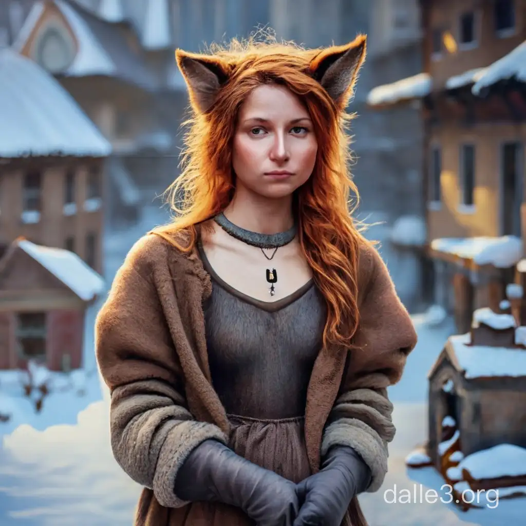 High-definition full-length portrait front view medieval thin wolfgirl. Auburn hair tied in a ponytail. Black-gray animal ears. Black-gray fluffy wolf tail. Dirty face. Wearing short brown rags with half-open chest, bare legs and bare arms. Medieval winter town on background.