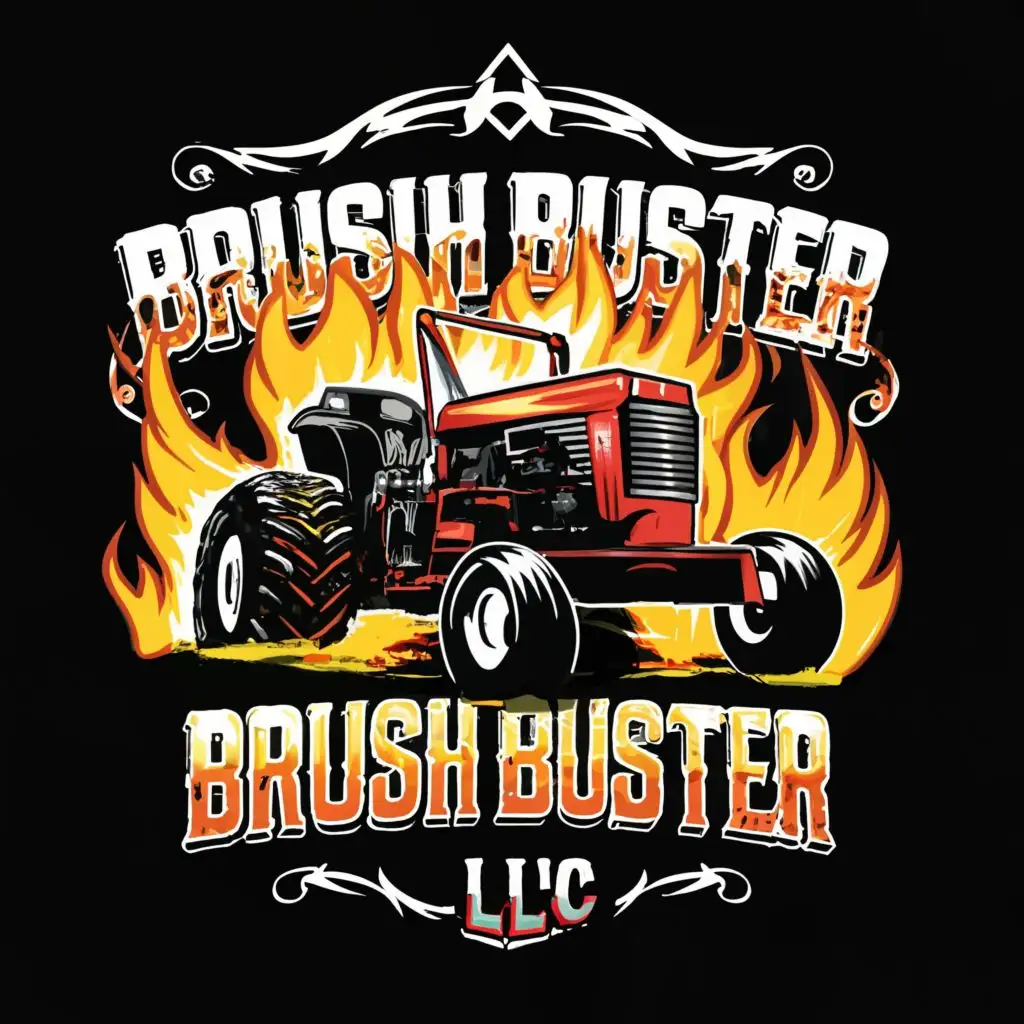 logo, manly hotrod tractor doing a wheely out of the woods with flames shooting out the tailpipes, with the text "brush buster LLC", typography